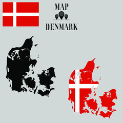 Denmark outline world map, contour silhouette with national flag inside vector illustration creative design, isolated on background, objects, element, symbol from countries set