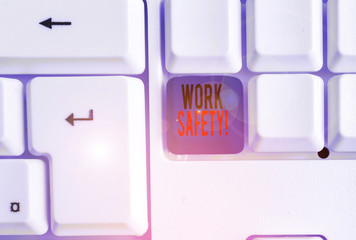 Text sign showing Work Safety. Business photo text policies and procedures in place to ensure health of employees White pc keyboard with empty note paper above white background key copy space