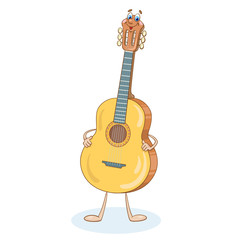 Musical instruments. Funny guitar in cartoon style. Stringed musical instrument.  Isolated on a white background.
