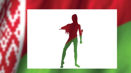 Fototapeta na wymiar Silhouette of a young gymnast on white against the background of the flag of the Republic of Belarus