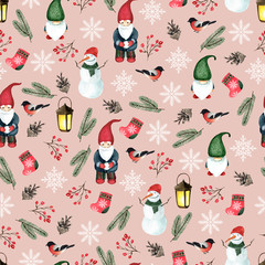 Seamless pattern with gnomes and Christmas elements. Watercolor hand drawn