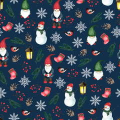 Seamless pattern with gnomes and Christmas elements. Watercolor hand drawn
