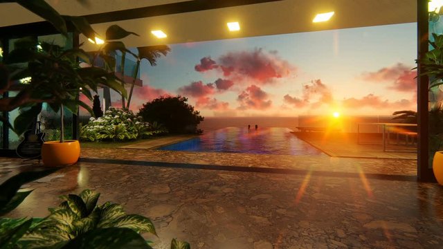 Couple in swimming pool, luxurious villa against beautiful sunset