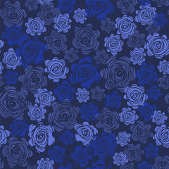 Fototapeta na wymiar Seamless pattern with blue roses. Hand drawn rose wallpaper.