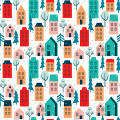 Naklejka premium Seamless pattern with stylish houses, trees and snow. Vector background with winter city.