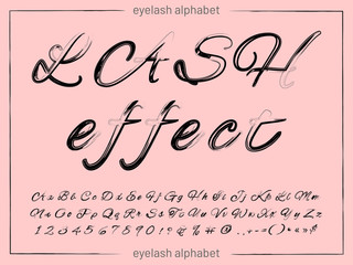 Expressive calligraphic script with lash effect. Alphabet with fashion and trend letter script.