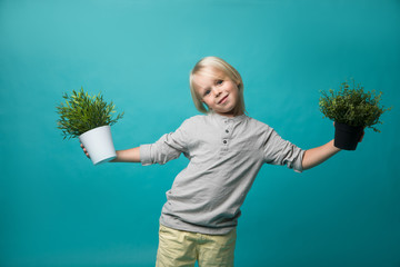 A little boy holding pots with a green plant. Children and nature. Preserve nature
