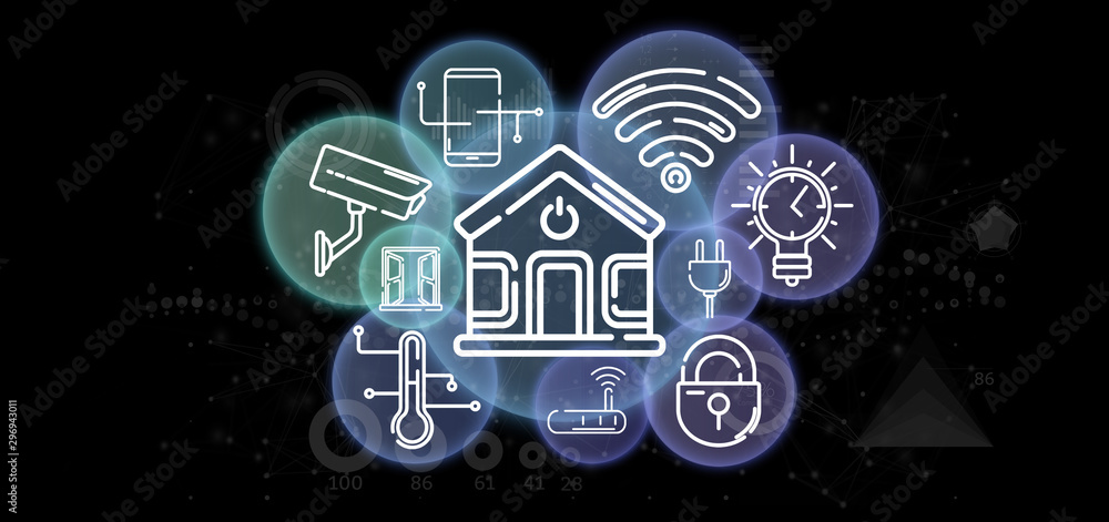 Poster smart home interface with icon, stats and data 3d rendering