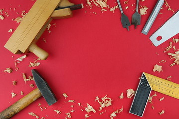 carpenter's pattern with copy space. carpentry tools: planer, chisel, wood saw, square, hammer,...