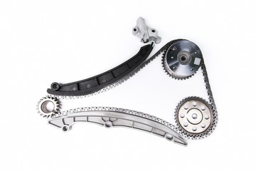 timing chain and gear kit on white background with copy space