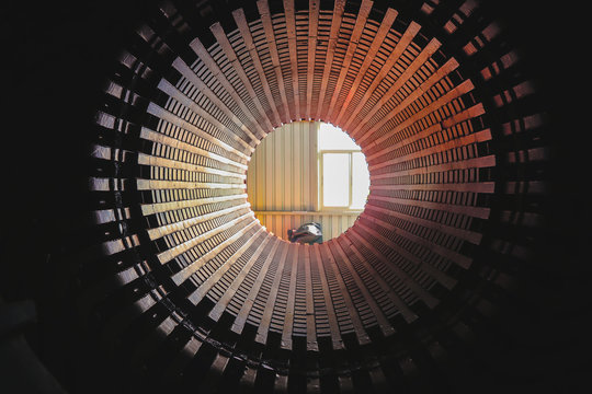 Stator generators of a big electric motor in the coal fired power plant with copy space for text.