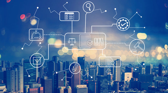 Compliance theme with aerial view of city skylines at night