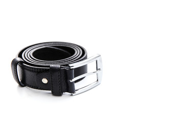 men's black leather belt with metal buckle with copy space