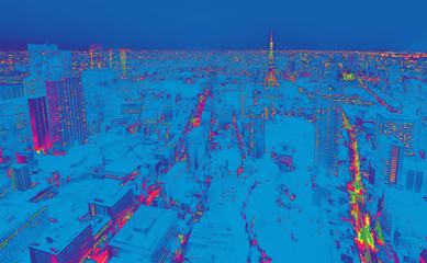 Aerial view of the Tokyo cityscape at night synth wave style