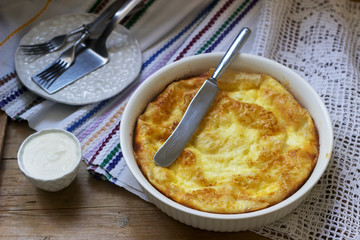 Banitsa, a traditional Bulgarian or Balkan filo pastry pie stuffed with feta cheese, sour milk and eggs. Rustic style.