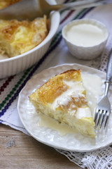 Banitsa, a traditional Bulgarian or Balkan filo pastry pie stuffed with feta cheese, sour milk and eggs. Rustic style.