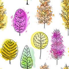 Autumn seamless pattern with watercolor trees