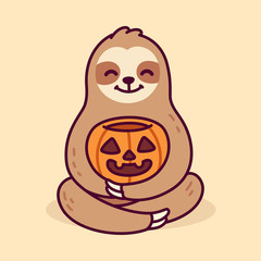 Cute cartoon sloth with Halloween pumpkin