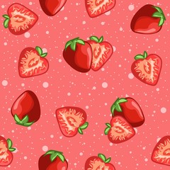 Pink red seamless pattern of strawberries and fruit slices. Tropical and exotic berries for summer season, vitamin C and nutrition diet illustration.