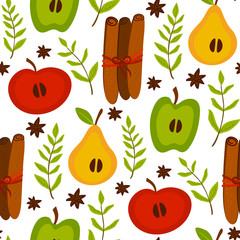 Apples, pears, spices and herbs seamless pattern background with food seasonings. Mint, cinnamon and star anis.