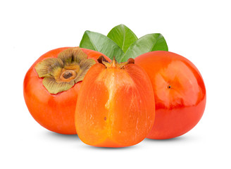 fresh ripe persimmons with leaf isolated on white background.