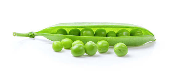 Fresh green pea pod with beans isolated on white background
