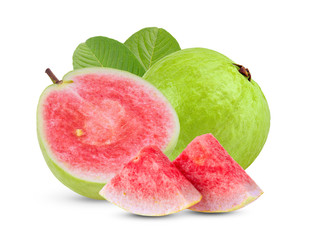 Guava fruit with leaf isolated on white background . full depth of field