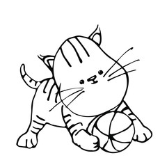 cheerful kitten playing with ball vector illustration in black ink isolated on white background in hand drawn style