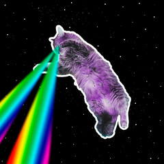 Pink monster cat flies in deep space and shoots lasers from eyes. Art collage concept of 90s or 80s - 296950474