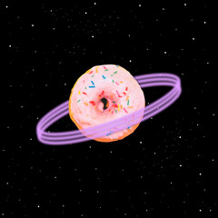 Tasty and fresh donut flies in the deep space among neon light rings as planet. Art collage concept...