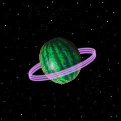 Tasty and fresh watermelon flies in the deep space among neon light rings as planet. Art collage...