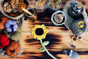 autumn background top view, homemade fall ornament for home decor, dried flower, pumpkin