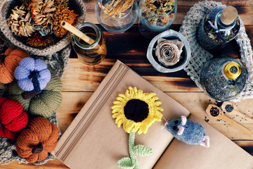 autumn background top view, homemade fall ornament for home decor, dried flower, pumpkin