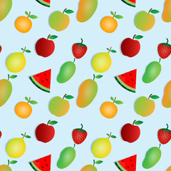  seamless pattern of apples, orange,lemon, mangoes,watermelon. against a white background.