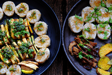 Top view vegan Vietnamese eating indoor restaurant, vegetarian rice rolls cut in slice with vegetable