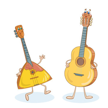 Cheerful balalaika and guitar in cartoon style. Stringed musical instruments.  Isolated on a white background.