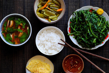 Vietnamese food for lunch, vegetarian meal with vegetables