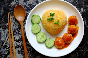 Vietnamese vegan rice dish with vegetarian meatballs or tofu ball
