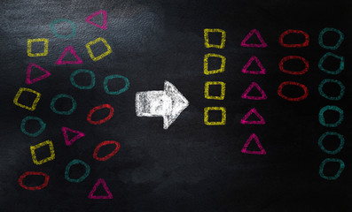 drawing geometry to categorize on chalkboard,  categorizing geometry concept with colorful chalk