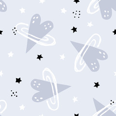 Cute seamless pattern with heart shaped planet and stars. Ornament for gift wrapping paper, textile, surface textures, childish design. Vector Illustration.