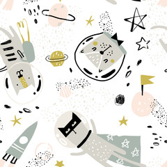 Motif mignon avec des astronautes de chats drôles, une fusée cool et d& 39 autres éléments de l& 39 espace. Illustration vectorielle pour papier d& 39 emballage cadeau, textile, textures de surface, design enfantin.