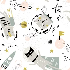 Tischdecke Niedliches Muster mit lustigen Katzenastronauten, cooler Rakete und anderen Elementen des Weltraums. Vektorillustration für Geschenkpapier, Textil, Oberflächenstrukturen, kindisches Design. © bukhavets