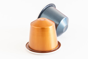 Italian coffee espresso capsules or coffee pods on white isolated background