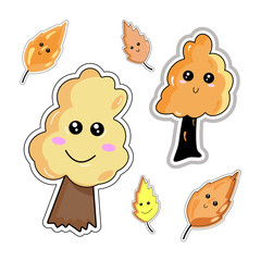 Set of colorful cartoon kawaii autumn trees and leaves. Flat vector falling leaves.