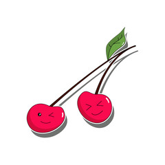 Two cute smiling cherries on a twig with leaves. Kawaii flat vector vegan food.