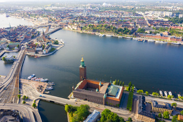 Stockholm, Sweden. Panorama of the city. Stockholm City Hall. Built in 1923, red brick town hall....