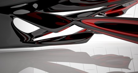 Abstract smooth architectural red and black gloss interior of a minimalist house with large windows. 3D illustration and rendering.