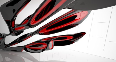 Abstract smooth architectural red and black gloss interior of a minimalist house with large windows. 3D illustration and rendering.