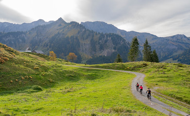 three happy senior adults, riding their mountain bikes in the autumnal atmosphere of the Bregenz...