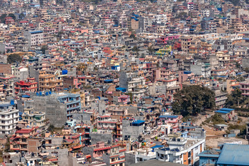 Aerial view of tiny houses in Kathmandu, the capital city of Nepal.